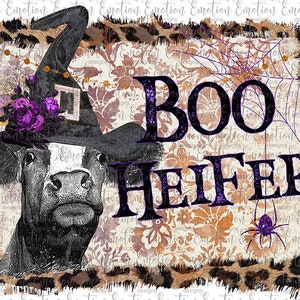 May include: A black and white cow wearing a witch's hat with purple flowers and a spiderweb background. The text "BOO HEIFER" is written in purple glitter letters.