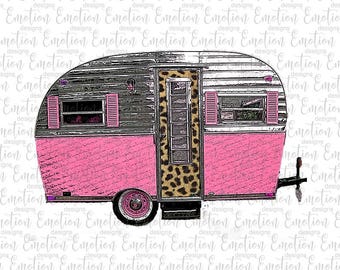 Clip art de puerta de caravana rosa con estampado de leopardo, descarga instantánea, caravana, flores, gráficos de sublimación, PNG, impresión DTF