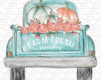 Farm Fresh Pumpkins Vintage Truck PNG: Hand Drawn Clipart (Digital Download), Sublimation Graphics, DTF printing