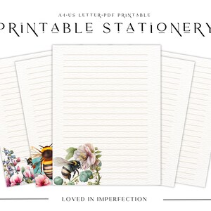 Floral Bee Printable Stationery, Printable Writing Paper, Printable Paper, A4, Letter, Lined Printable Paper, Blank Printable Stationery