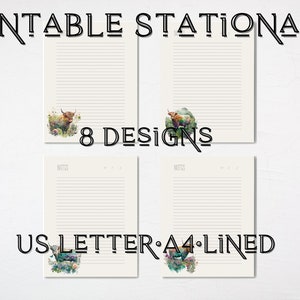 Watercolor Scottish Highland Cow Stationery, Printable Writing Paper, Printable Paper, A4, Letter, Lined Printable Paper