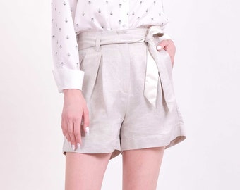 SHORTS: Beige linen tencel twill culottes short pants with tie