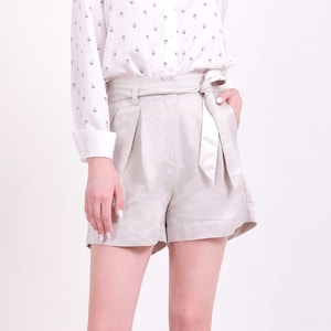 SHORTS: Beige linen tencel twill culottes short pants with tie