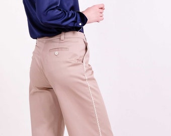 PANTS: Khaki nude cotton twill zigzag trimmed  casual straight cropped pants