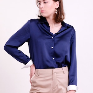 Navy blue satin blouse sale