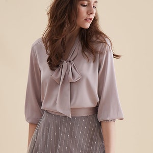 TOP: Mauve satin bishop sleeve bow tie ribbon blouse top image 1