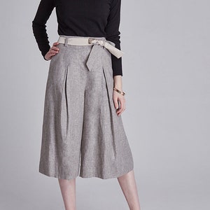 PANTS: Pantalones grises recortados de lino de lino de pierna ancha palazzo pantalones recortados imagen 1