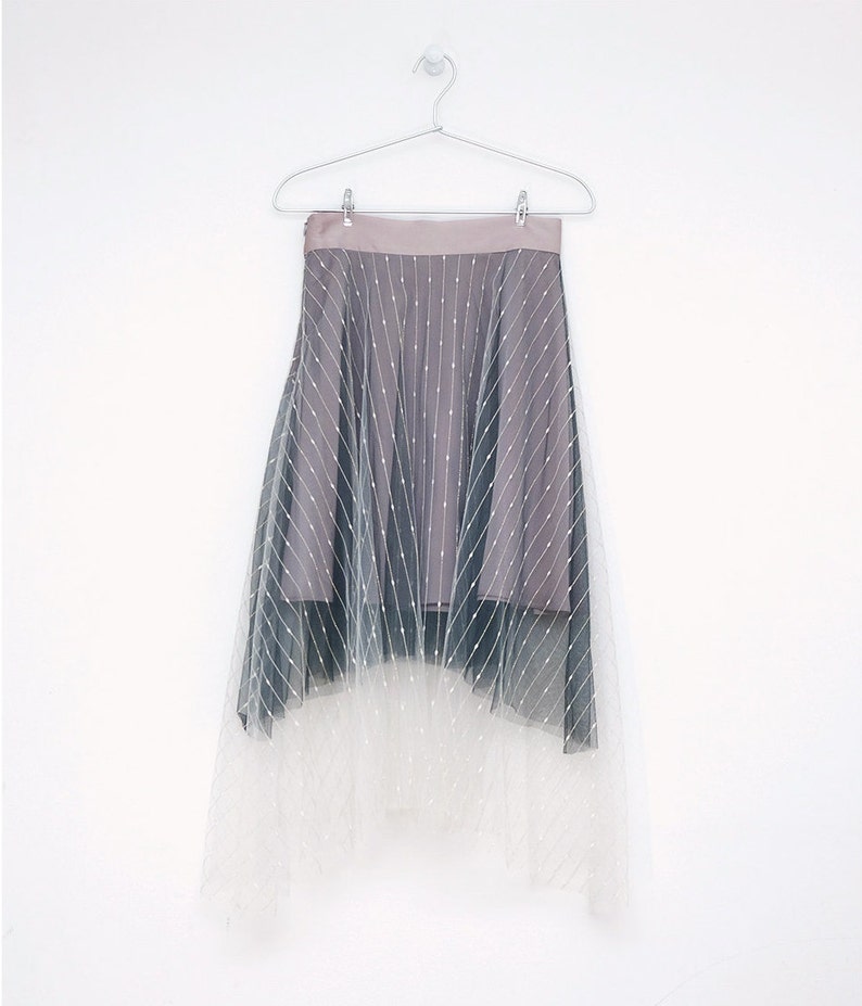 SKIRT: Mauve embroidered double layered satin midi tulle skirt image 10