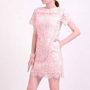 DRESS: Coral pink two tone floral lace straight shift dress image 4