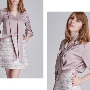 TOP: Mauve satin bishop sleeve bow tie ribbon blouse top image 6