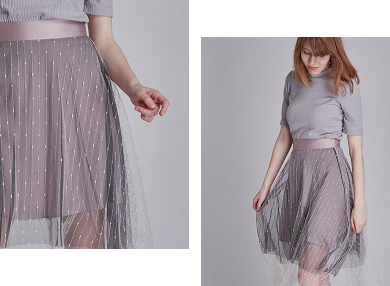 SKIRT: Mauve embroidered double layered satin midi tulle skirt image 6