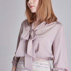 TOP: Mauve satin bishop sleeve bow tie ribbon blouse top image 5