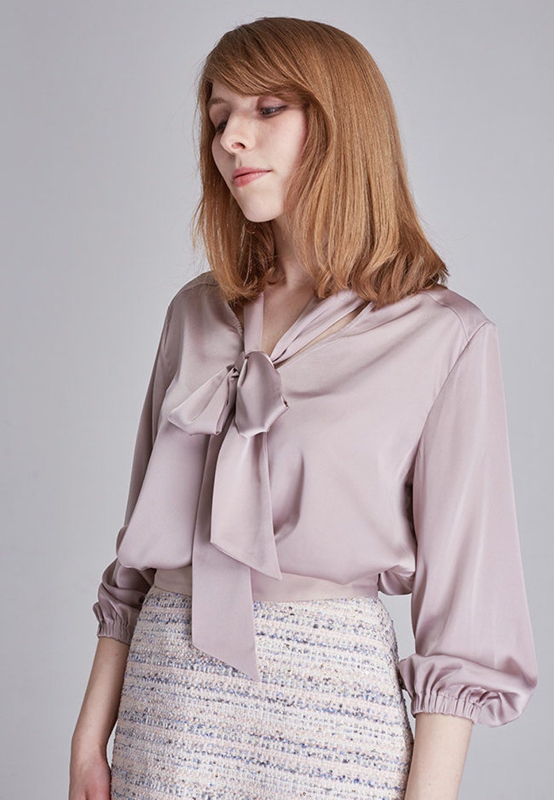 TOP: Mauve satin bishop sleeve bow tie ribbon blouse top image 5