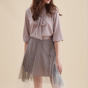 SKIRT: Mauve embroidered double layered satin midi tulle skirt image 3