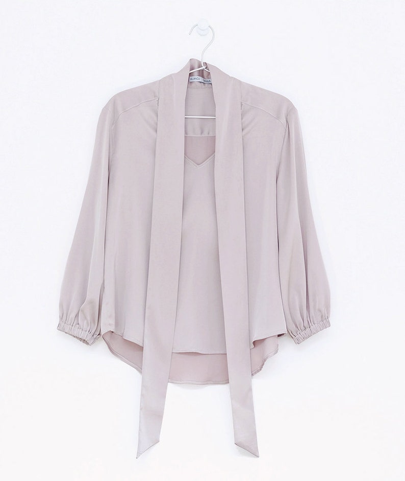 TOP: Mauve satin bishop sleeve bow tie ribbon blouse top image 10