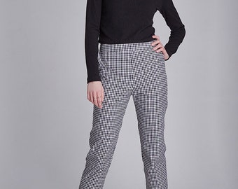 PANTS: Black and white cropped ribbon-trimmed gingham pants