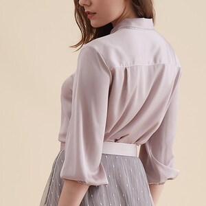 TOP: Mauve satin bishop sleeve bow tie ribbon blouse top image 2