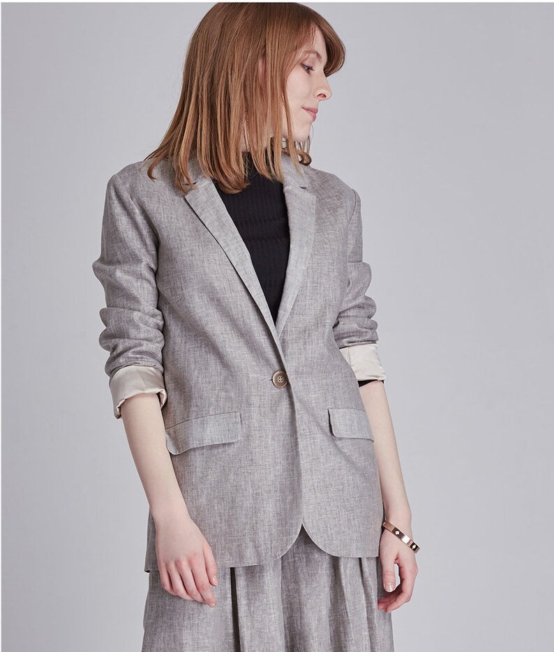 JACKET: Gray linen twill blazer jacket suit image 1