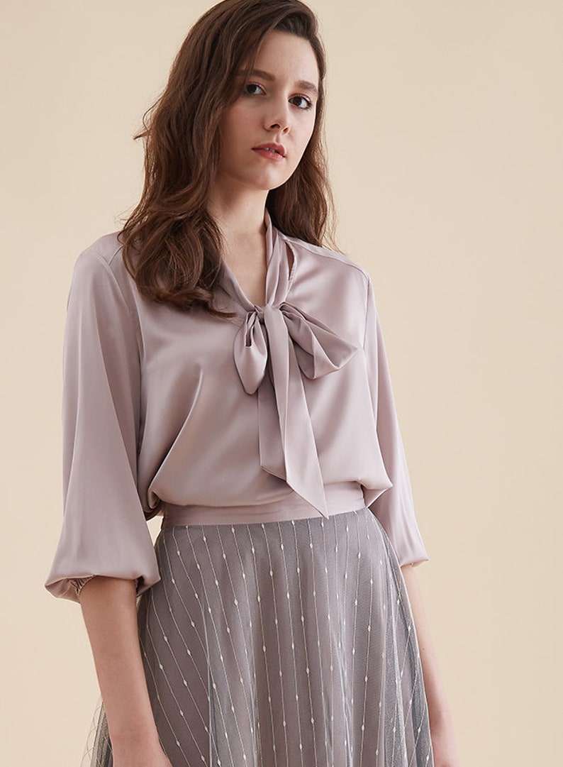 TOP: Mauve satin bishop sleeve bow tie ribbon blouse top image 3