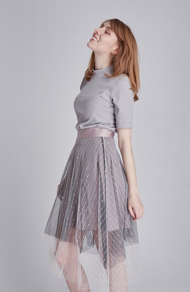 SKIRT: Mauve embroidered double layered satin midi tulle skirt image 5