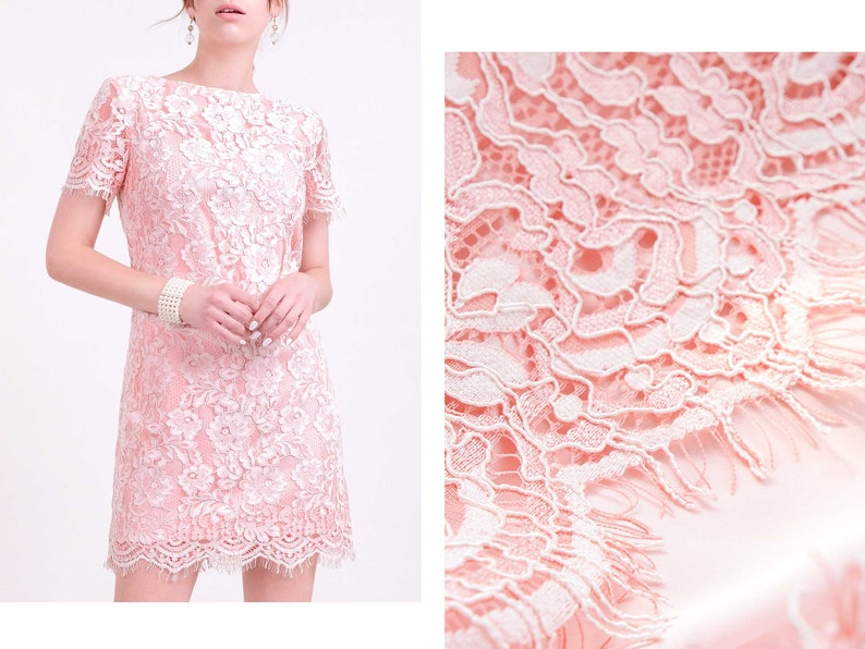 DRESS: Coral pink two tone floral lace straight shift dress image 6