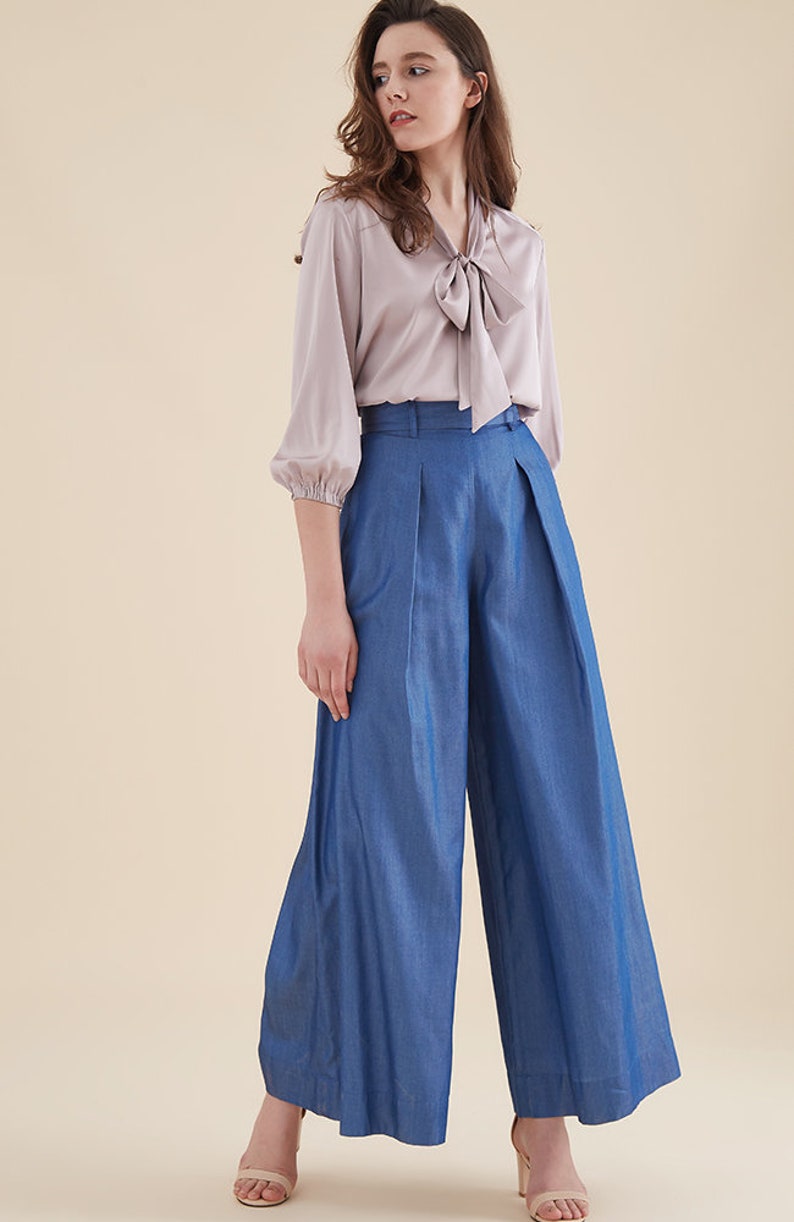 PANTS: Blue long tencel denim wide-leg palazzo pants | Etsy