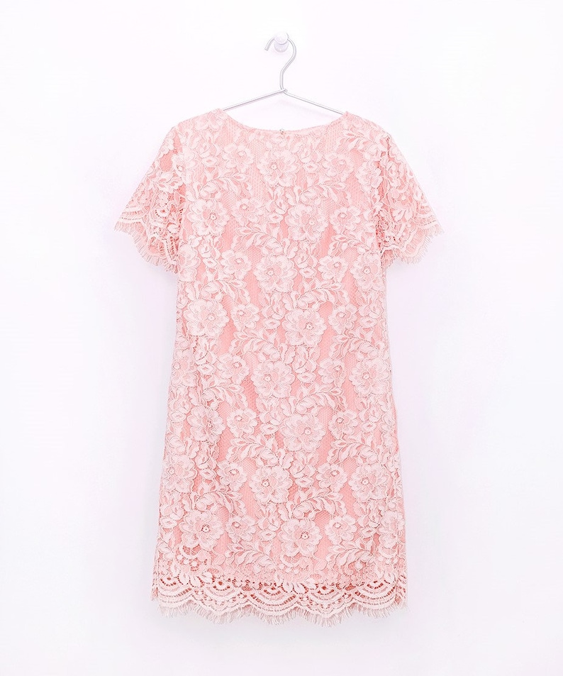 DRESS: Coral pink two tone floral lace straight shift dress image 10
