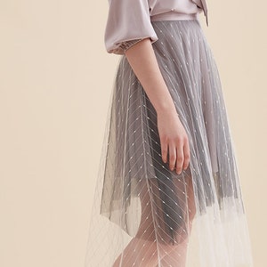 SKIRT: Mauve embroidered double layered satin midi tulle skirt image 4
