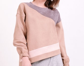 TOP: Khaki grey peach color blocked asymmetric suede knit top