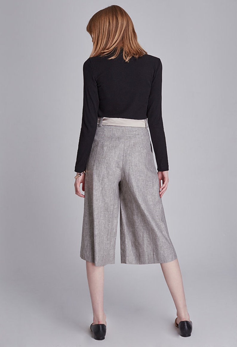 PANTS: Pantalones grises recortados de lino de lino de pierna ancha palazzo pantalones recortados imagen 2
