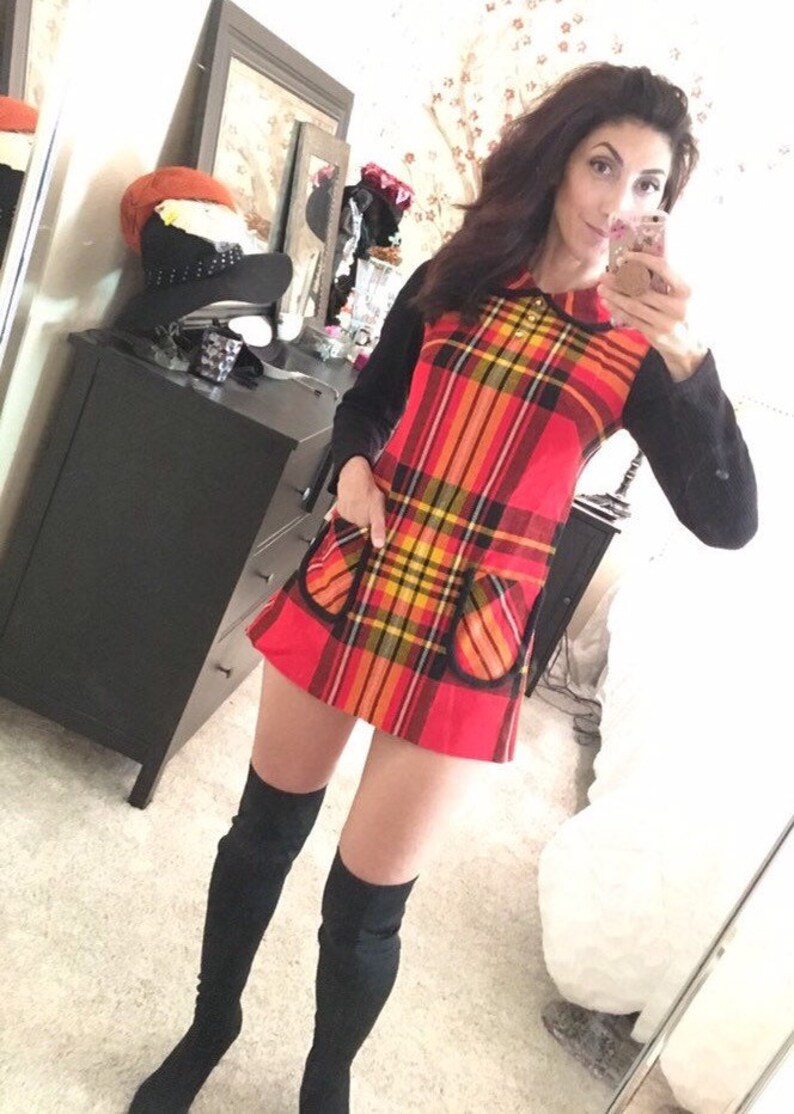 Vintage 70s sweater tunic red plaid deadstock Vicky Vaughn XSS