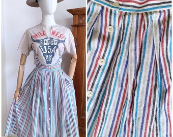 Vintage 80s linen blend striped skirt pockets S