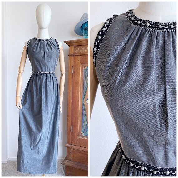 Vintage 60s metallic column dress pewter silver M - image 1