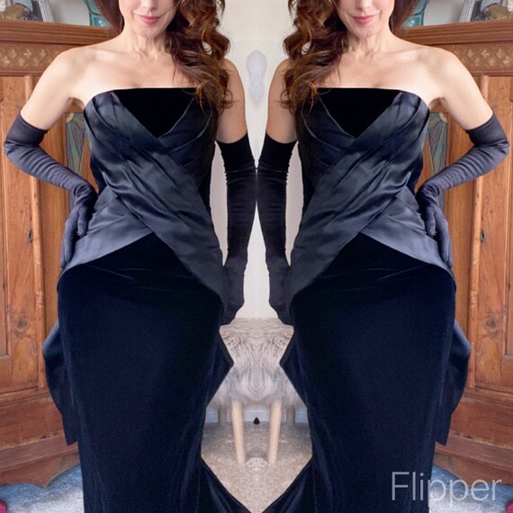 Victor Costa Black Velvet Pencil Dress with Red Tartan Plaid Peplum