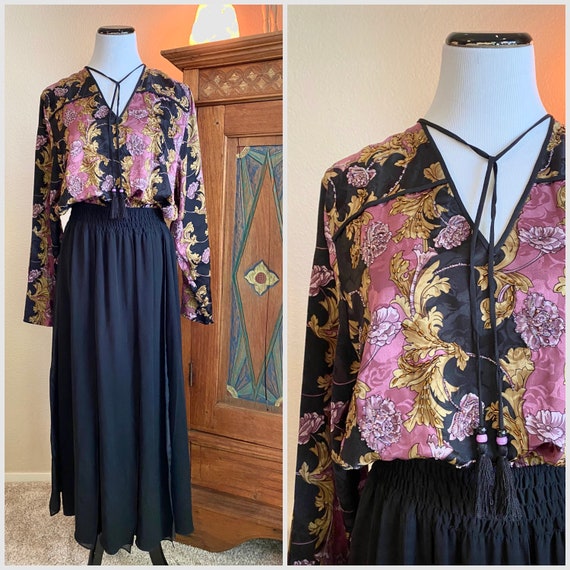 Vintage Diane Freis silk dress black purple beaded