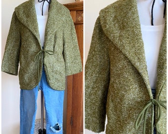 Vintage 60s bouclée green jacket oversized collar M/L