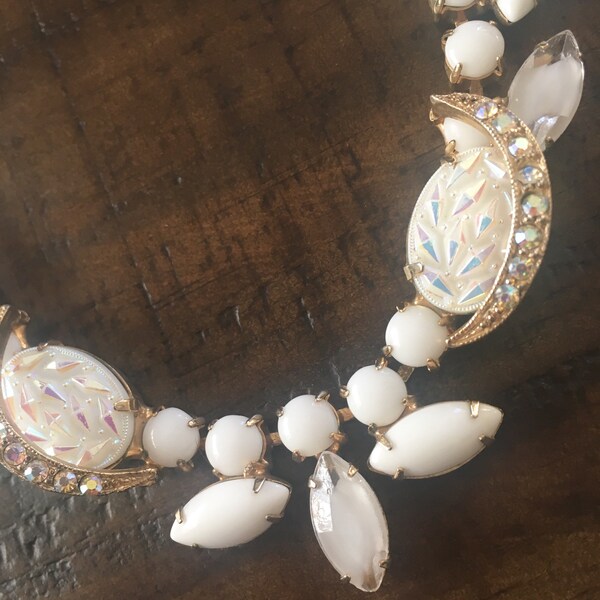 Vintage white milk glass necklace with aurora borealis crystals unique, unsigned Weiss, bridal