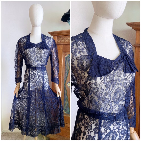 Vintage 40s lace dress navy blue L - image 1