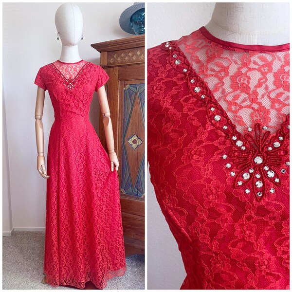 Vintage 50s red evening dress lace formal gown rhinstones M