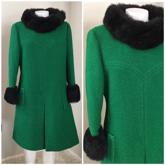 Vintage 50s 60s fur trimmed coat dress green black