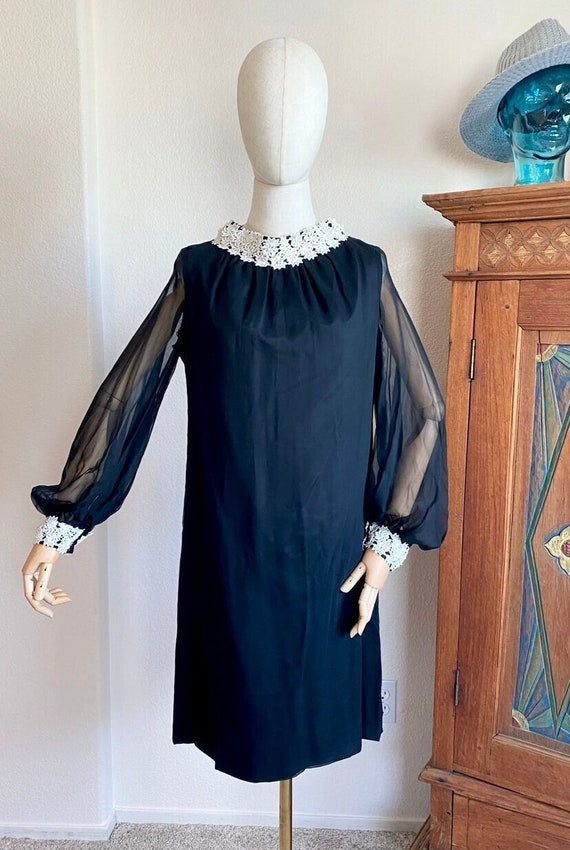 Vintage 60s black chiffon balloon sleeve shift dr… - image 7