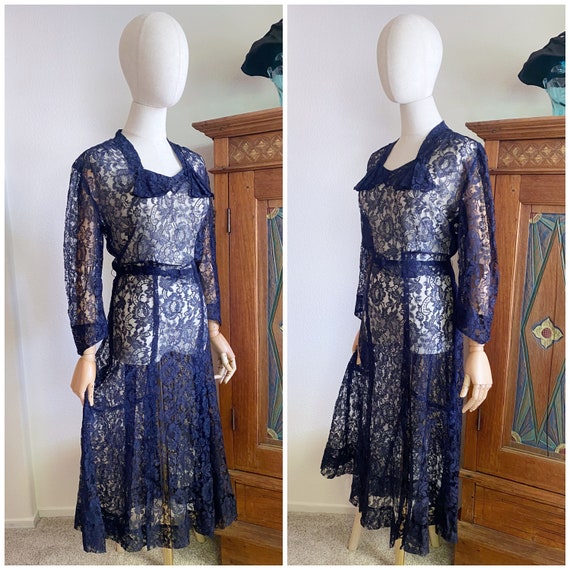 Vintage 40s lace dress navy blue L - image 2