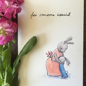 Cartão de aniversário exclusivo para impressão, cartão de felicitações com motivo de coelho, cartão para impressão de Dia das Mães, arte de coelho em aquarela, arte de coelho para impressão