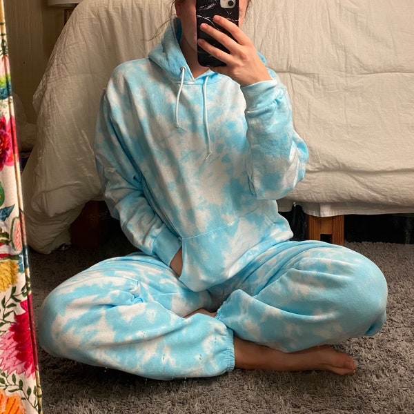 Tie-Dye Sweatsuit Set /“Glacier” blue & white /Tie Dye Hoodie Sweatshirt + Drawstring Tie Dye joggers Sweatpants /Tie dye hoody loungewear