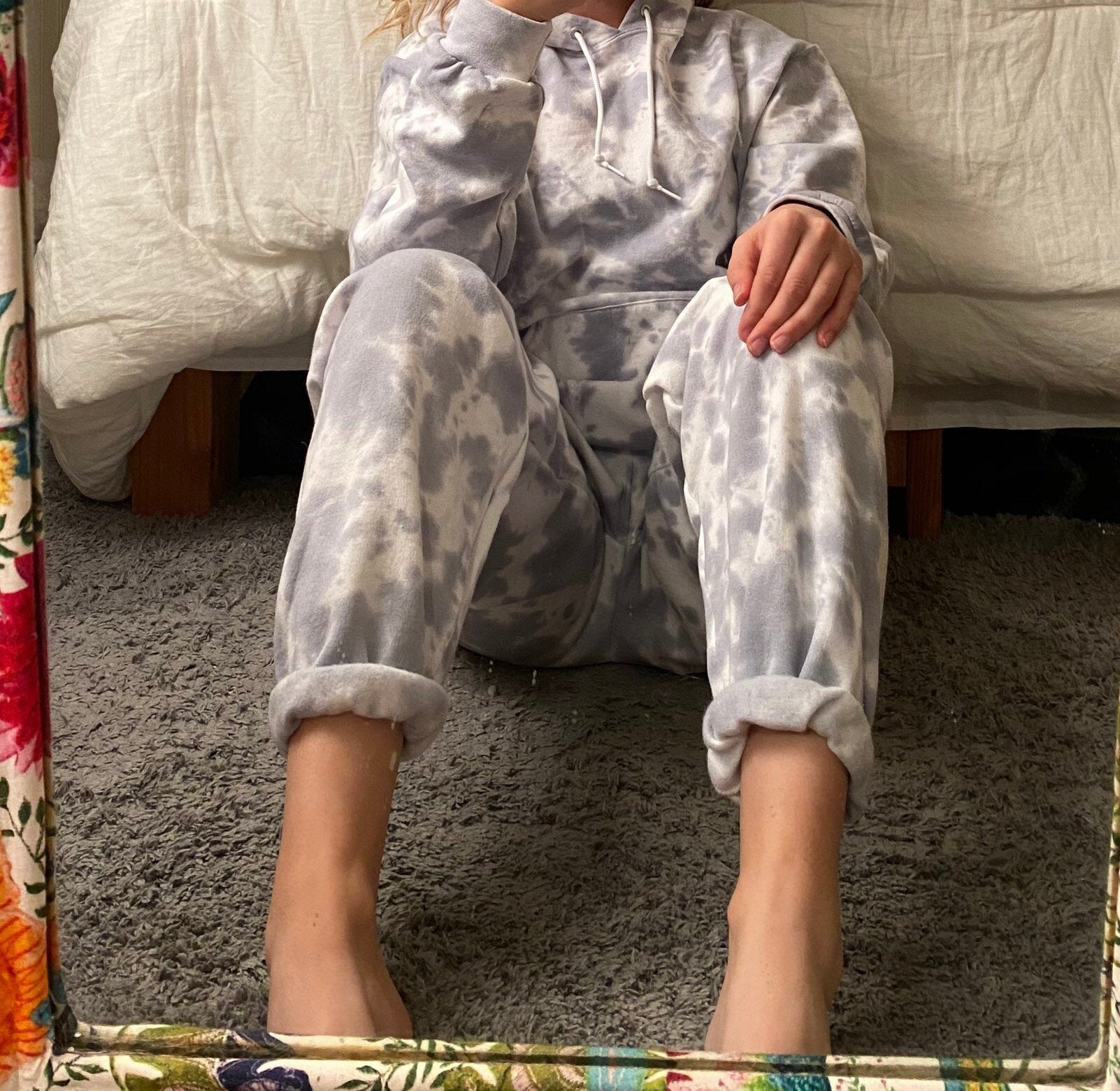 gray and white tie dye sweatpants