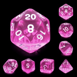 Acrylic Pink Magenta Gem Style Dice Sets, 7 piece polyhedral dice set, DND, RPG Dice Set