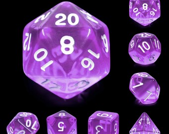 Acrylic Purple Tyrian Gem Style Dice Sets, 7 piece polyhedral dice set, DND, RPG Dice Set