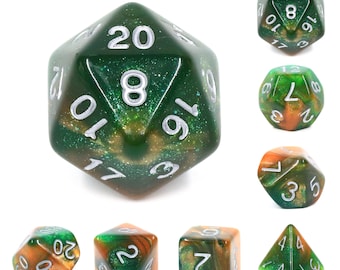 Juego de dados HD Emerald Vale, dados poliédricos con purpurina verde y naranja