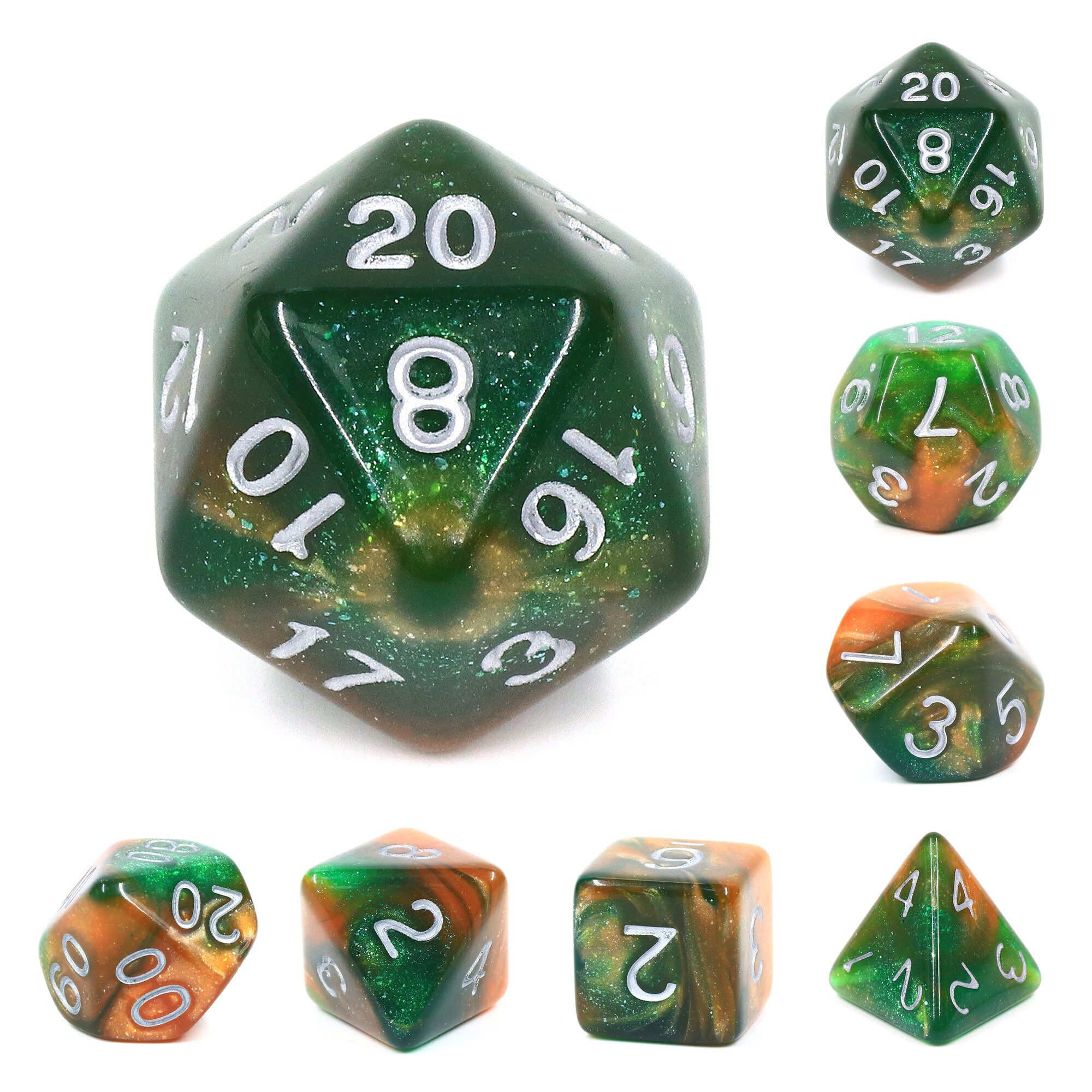 Toxic Orange-Green  D4 D6 D8 D10 D12 D20 D00-90 RPG Dice Set of 7 