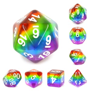 Transparent Rainbow Style Dice Sets, 7 piece polyhedral dice set, DND, RPG Dice Set
